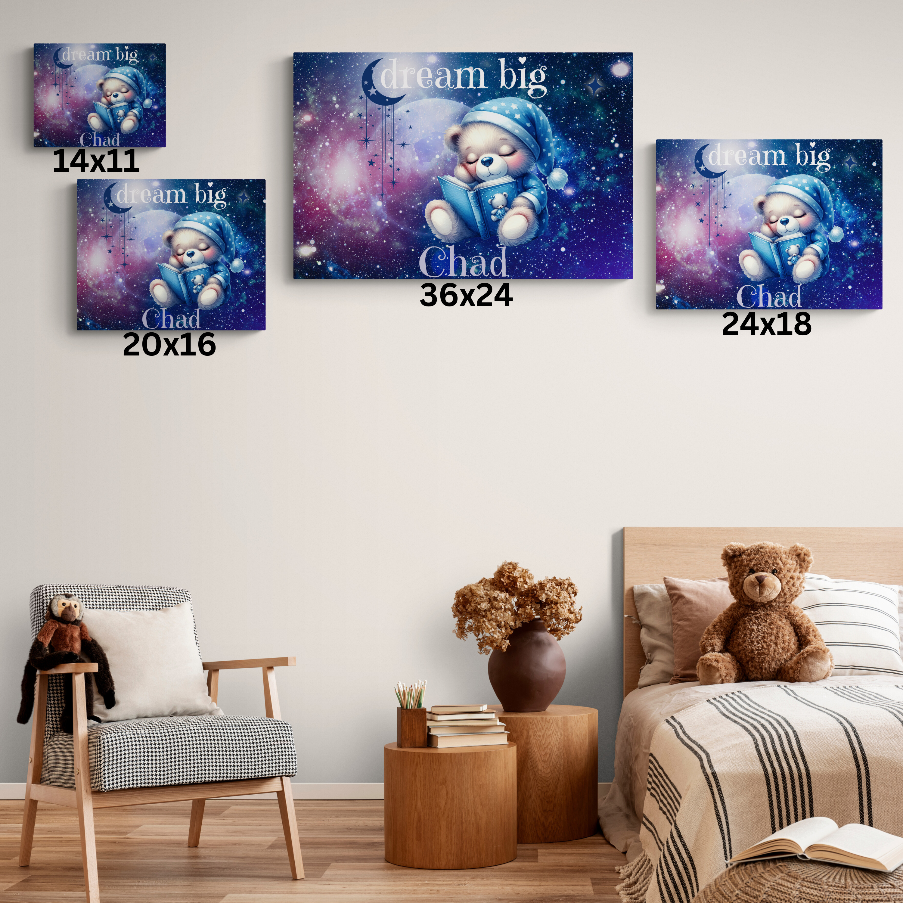 Personalized Sleeping Bear Name Canvas | Custom Nursery Wall Art, Stretched Matte Print