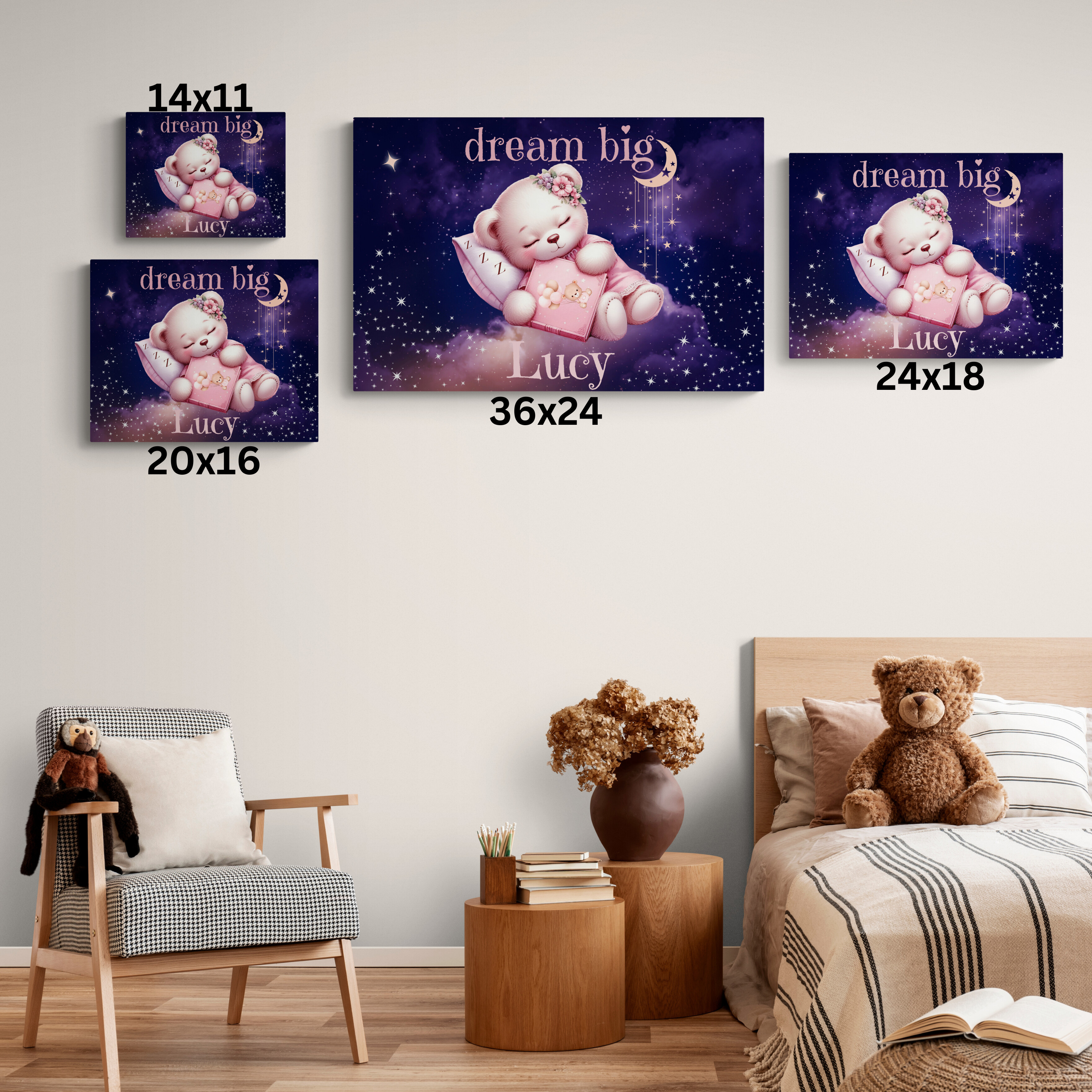 Personalized Sleeping Bear Name Canvas | Custom Nursery Wall Art, Stretched Matte Print